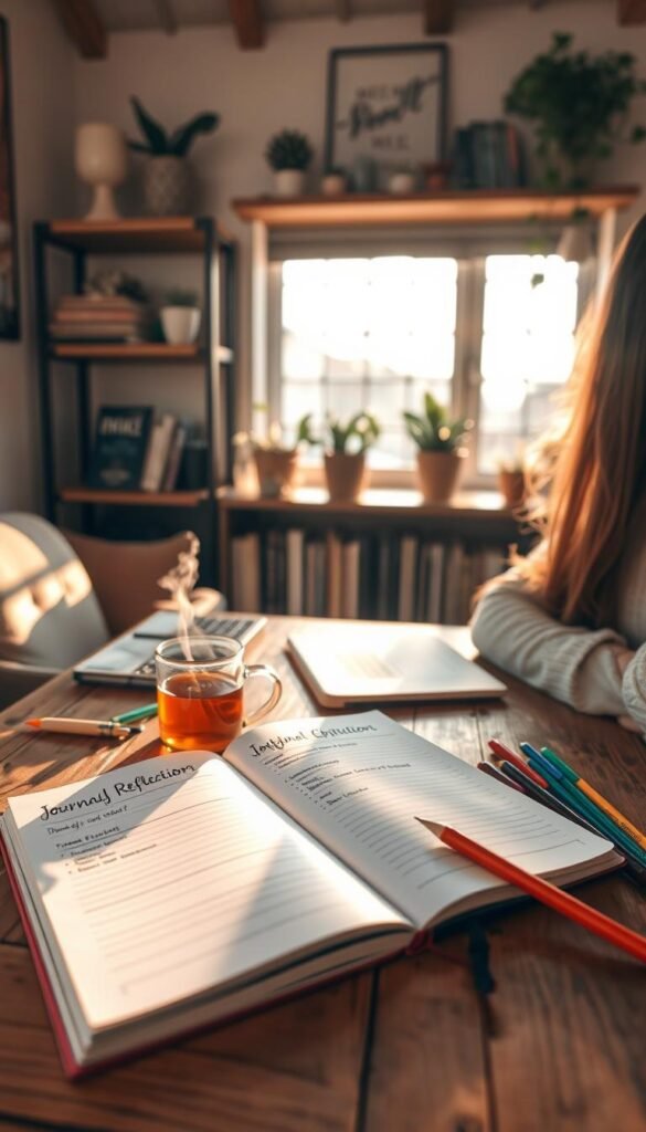 In a cozy, softly lit workspace, a person sits at a rustic wooden desk, engaged in the act of journaling their monthly reflection. The foreground features a close-up of an open notebook with a beautifully designed reflection sheet, surrounded by colorful pens and a steaming mug of herbal tea. In the middle ground, a window allows gentle morning sunlight to filter in, casting warm golden tones across the room. Shelves in the background display plants and motivational books, creating a serene and inviting atmosphere. The mood is calm and introspective, encouraging mindfulness and self-discovery. The scene captures a moment of quiet contemplation, showcasing a sense of peace and organization, ideal for reflecting on personal growth and setting intentions for the month ahead. In a cozy, softly lit workspace, a person sits at a rustic wooden desk, engaged in the act of journaling their monthly reflection. The foreground features a close-up of an open notebook with a beautifully designed reflection sheet, surrounded by colorful pens and a steaming mug of herbal tea. In the middle ground, a window allows gentle morning sunlight to filter in, casting warm golden tones across the room. Shelves in the background display plants and motivational books, creating a serene and inviting atmosphere. The mood is calm and introspective, encouraging mindfulness and self-discovery. The scene captures a moment of quiet contemplation, showcasing a sense of peace and organization, ideal for reflecting on personal growth and setting intentions for the month ahead.