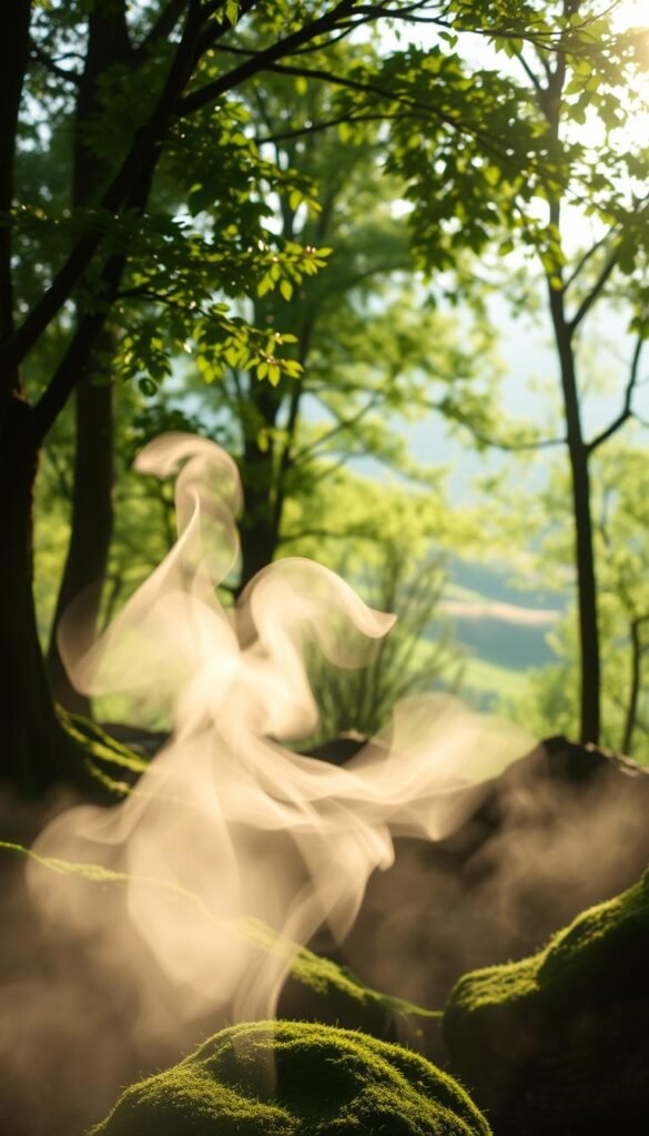Soft, ethereal visualization of "breath" as a delicate mist rising in a serene, sunlit forest. In the foreground, gentle swirls of translucent vapor mimic the act of breathing, softly illuminated by dappled sunlight. In the middle, lush green trees with velvety moss create a tranquil setting, with fine details like dew-kissed leaves reflecting light. The background features a gentle, blurred landscape of distant rolling hills, painted in soft pastels. The overall mood is calming and restorative, evoking the essence of deep, mindful breathing. The image should be captured with a soft focus lens to enhance the dreamlike quality, creating an immersive atmosphere that invites relaxation and emotional stillness.